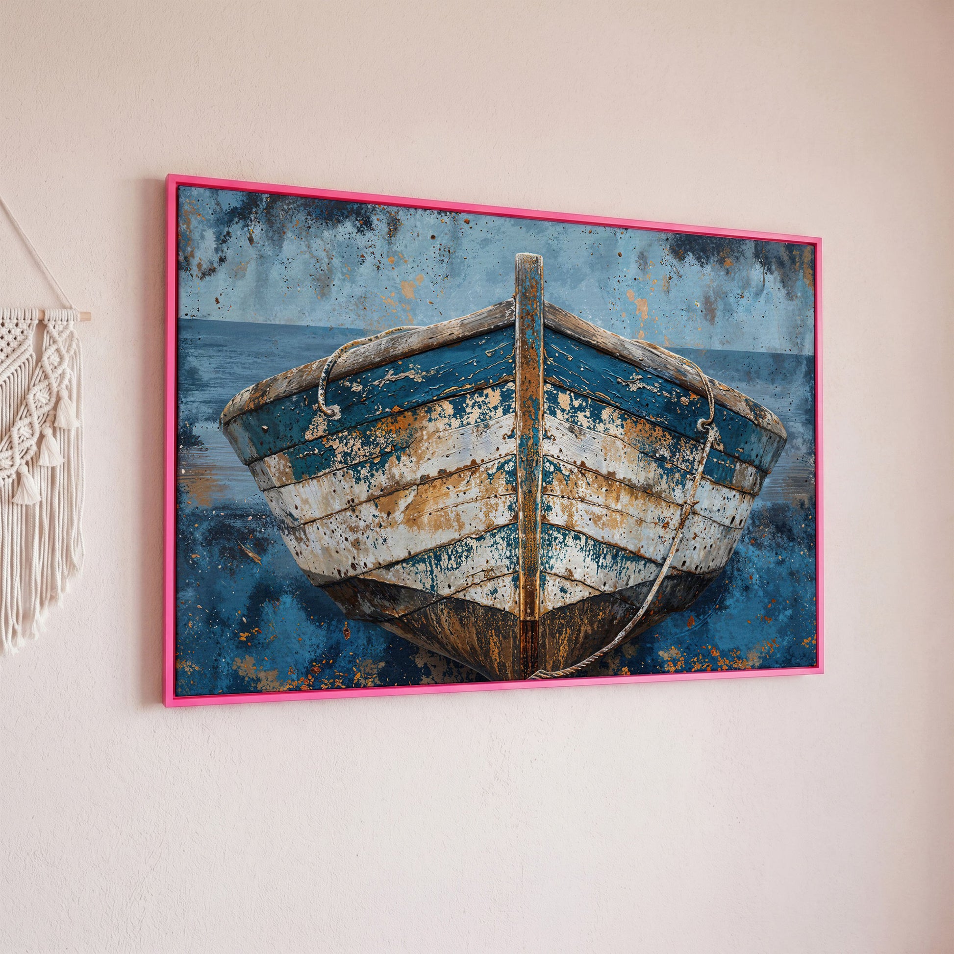 Vintage Wooden Boat Canvas in pink floating frame
