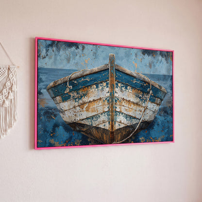 Vintage Wooden Boat Canvas in pink floating frame