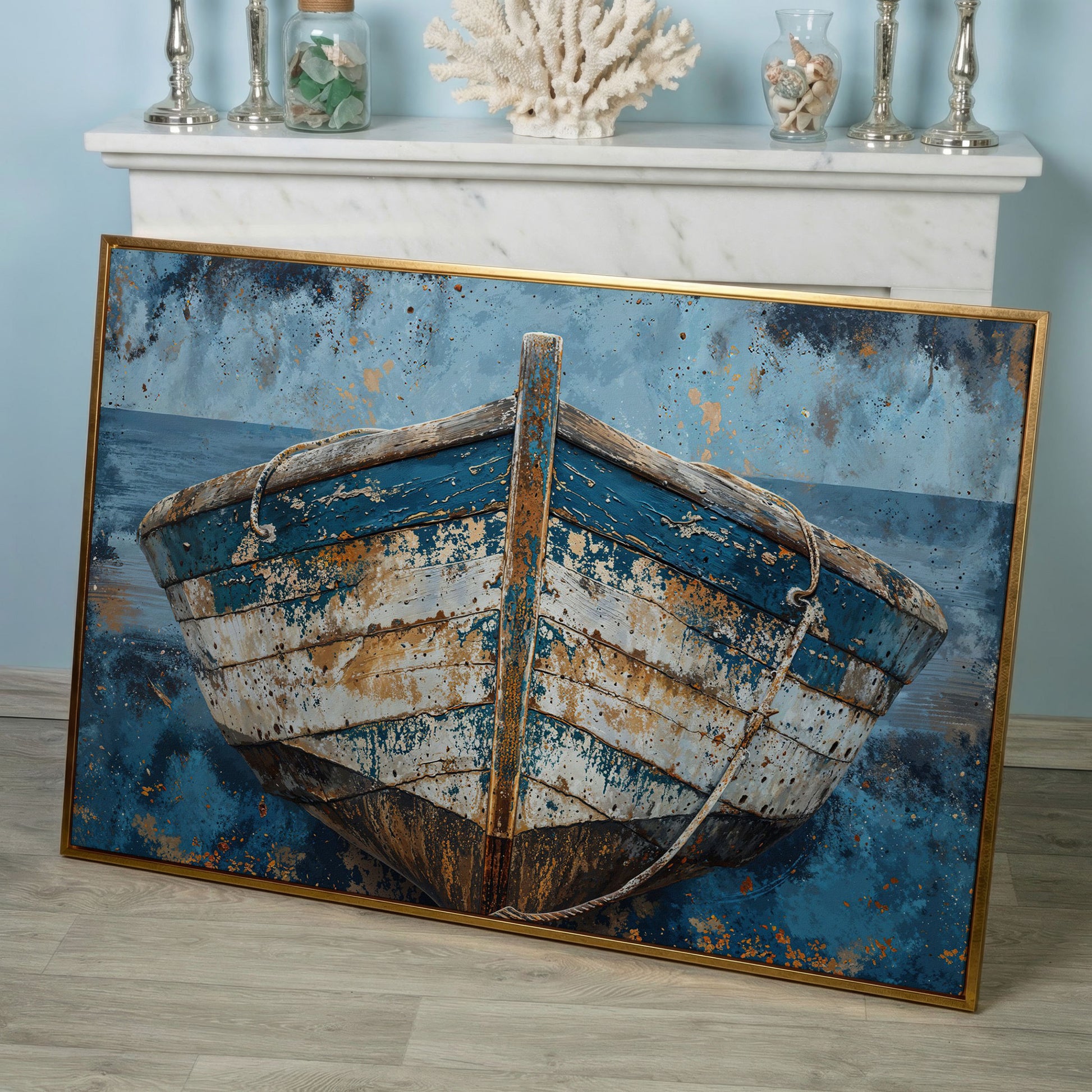 Vintage Wooden Boat Canvas in rose gold floating frame