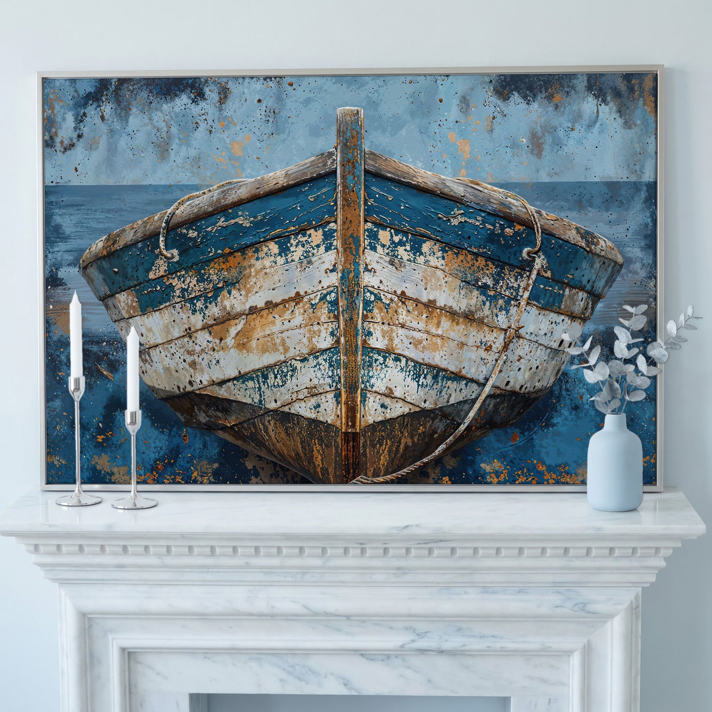 Vintage Wooden Boat Canvas in silver floating frame