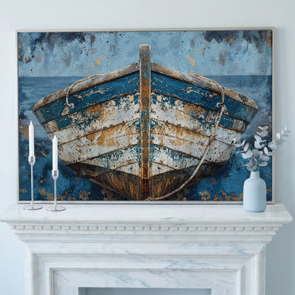 Vintage Wooden Boat Canvas in silver floating frame