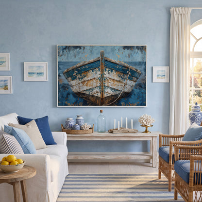 Vintage Wooden Boat Canvas in white floating frame