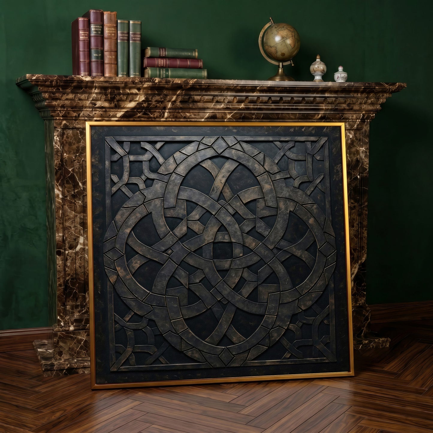 Celtic Knot Symmetrical Canvas in Dark Metal in antique gold floating frame