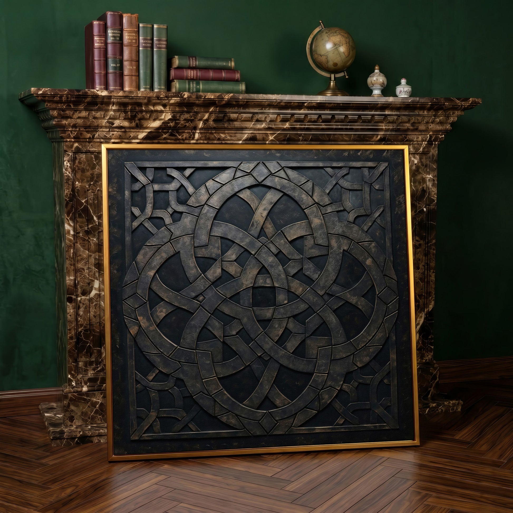 Celtic Knot Symmetrical Canvas in Dark Metal in antique gold floating frame