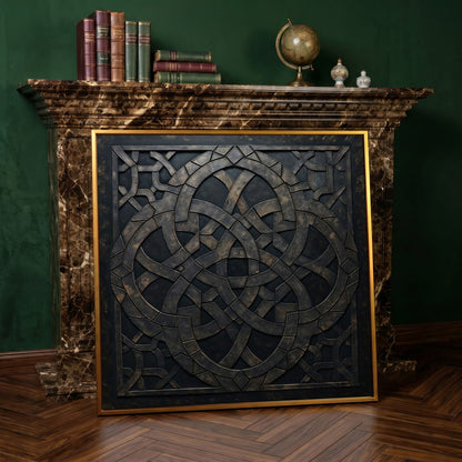 Celtic Knot Symmetrical Canvas in Dark Metal in antique gold floating frame