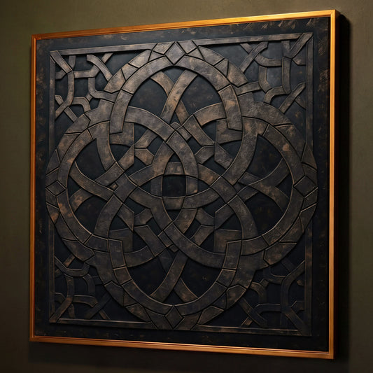 Celtic Knot Symmetrical Canvas in Dark Metal shown in antique gold floating frame