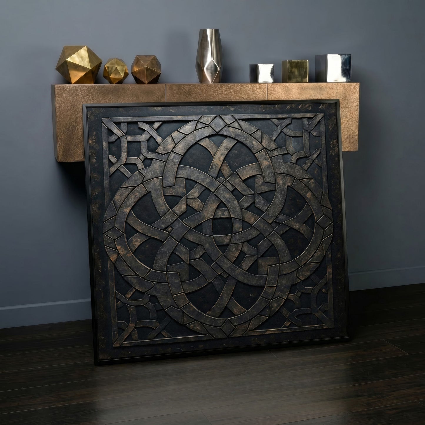 Celtic Knot Symmetrical Canvas in Dark Metal in black floating frame