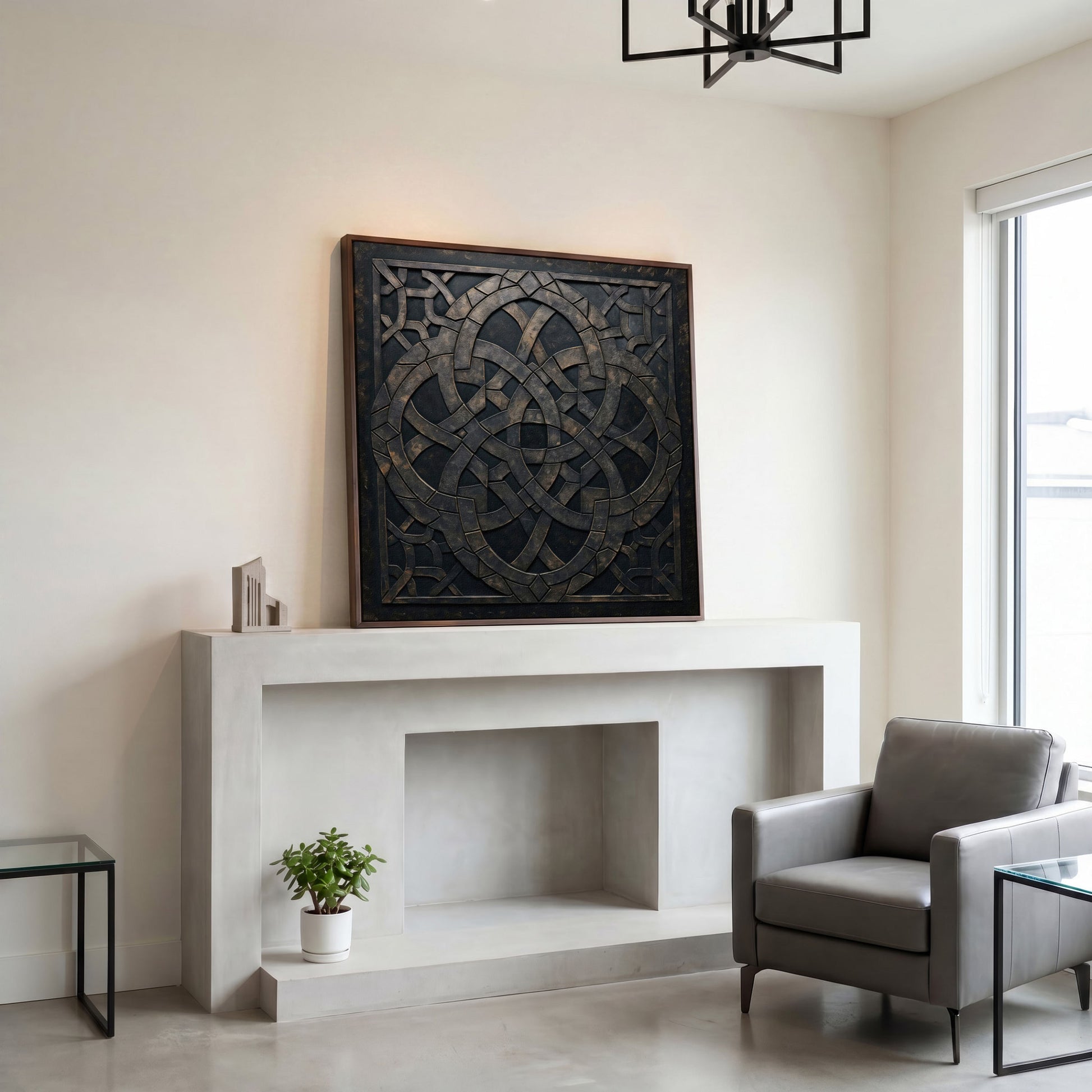 Celtic Knot Symmetrical Canvas in Dark Metal in dark walnut floating frame