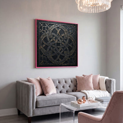 Celtic Knot Symmetrical Canvas in Dark Metal in pink floating frame