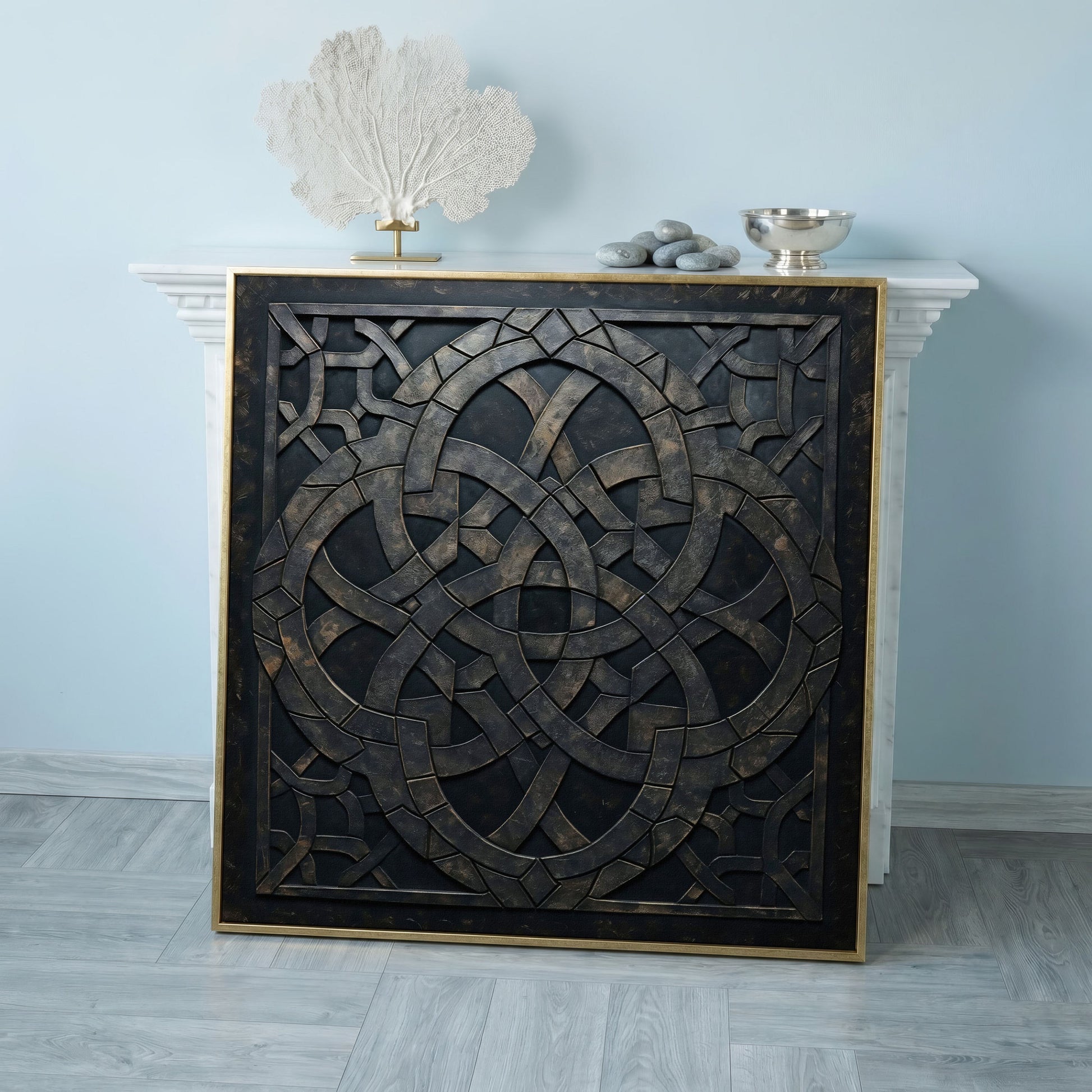 Celtic Knot Symmetrical Canvas in Dark Metal in rose gold floating frame