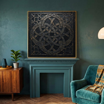 Celtic Knot Symmetrical Canvas in Dark Metal in yellow gold floating frame