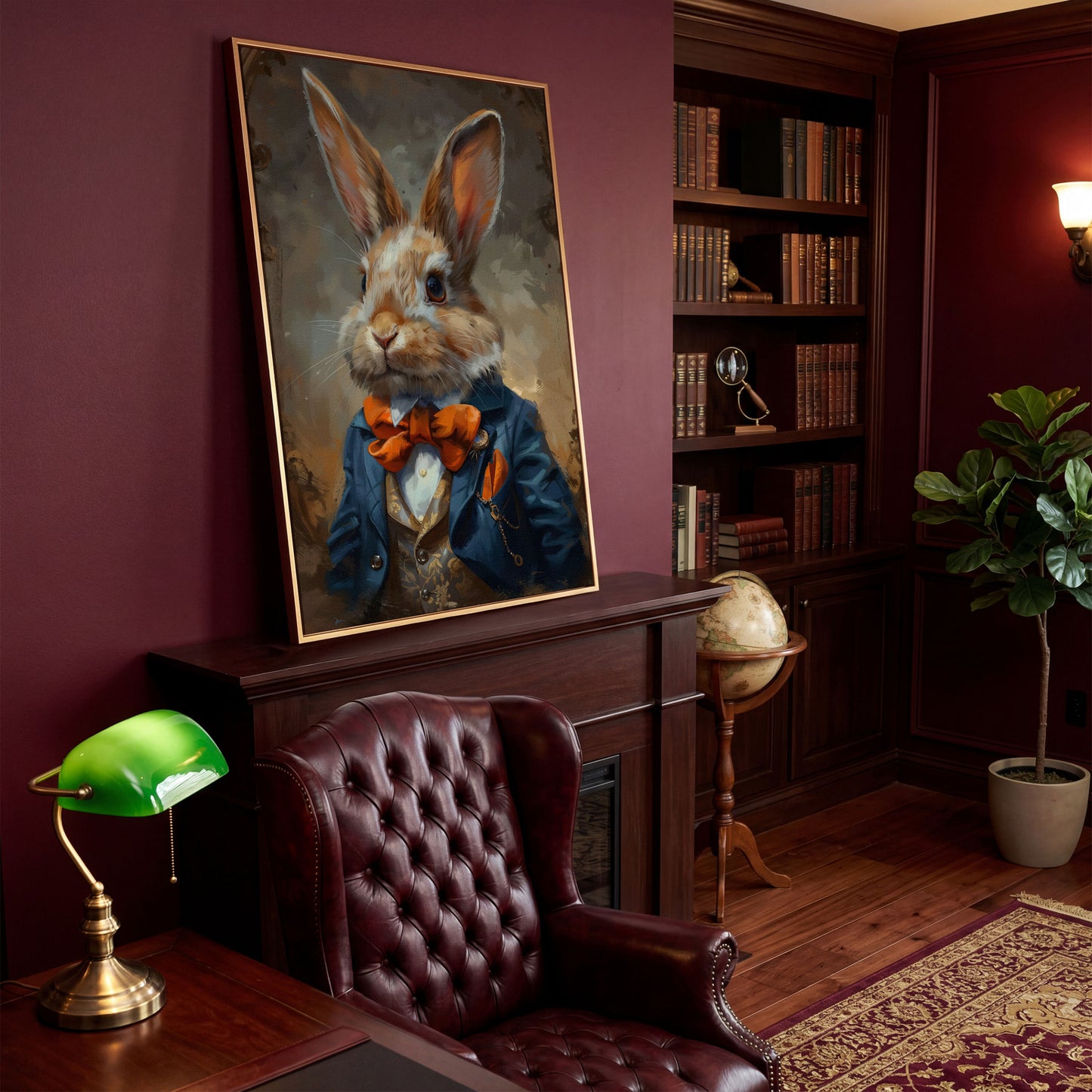Elegant Bunny Portrait Canvas in antique gold floating frame