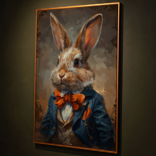 Elegant Bunny Portrait Canvas shown in antique gold floating frame