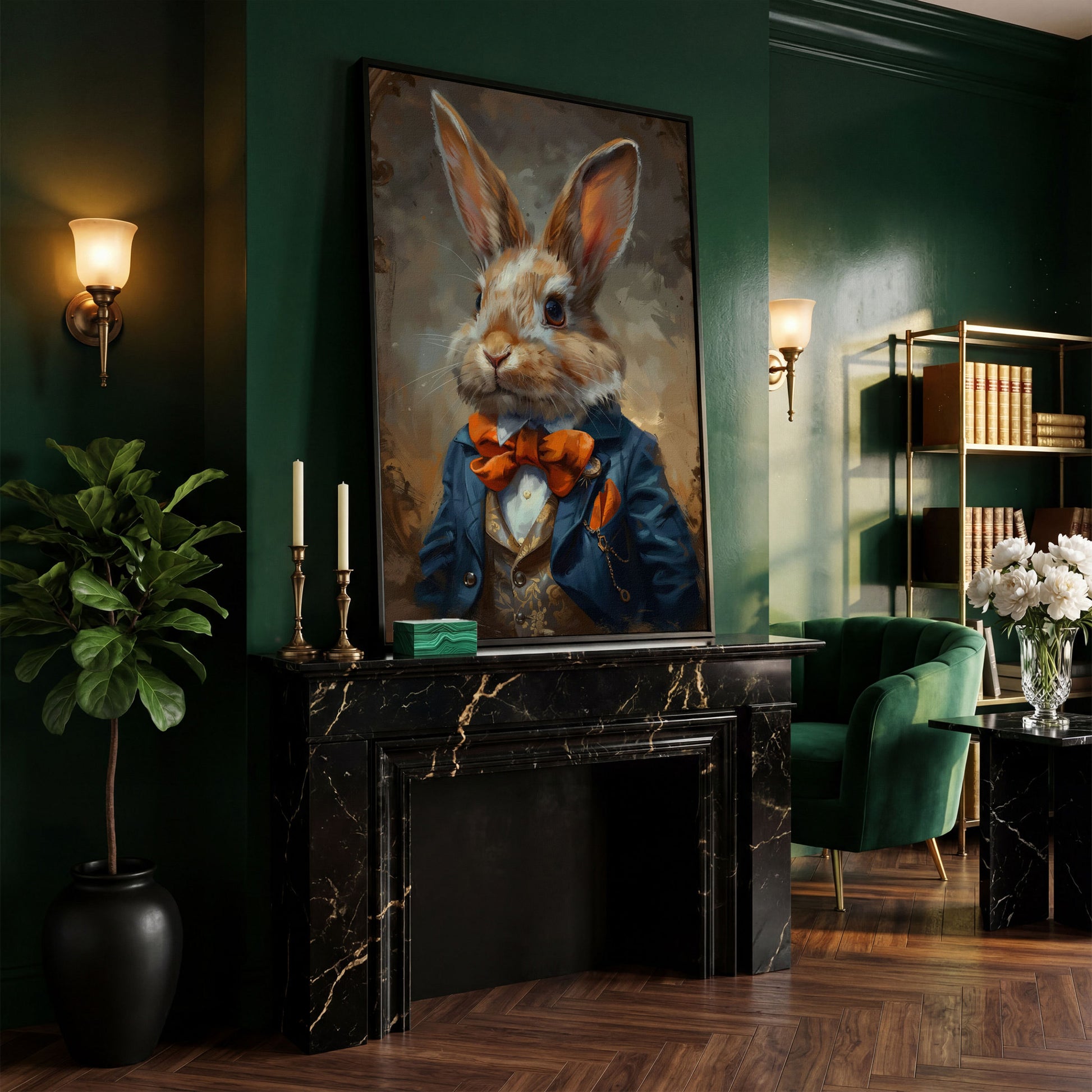 Elegant Bunny Portrait Canvas in black floating frame
