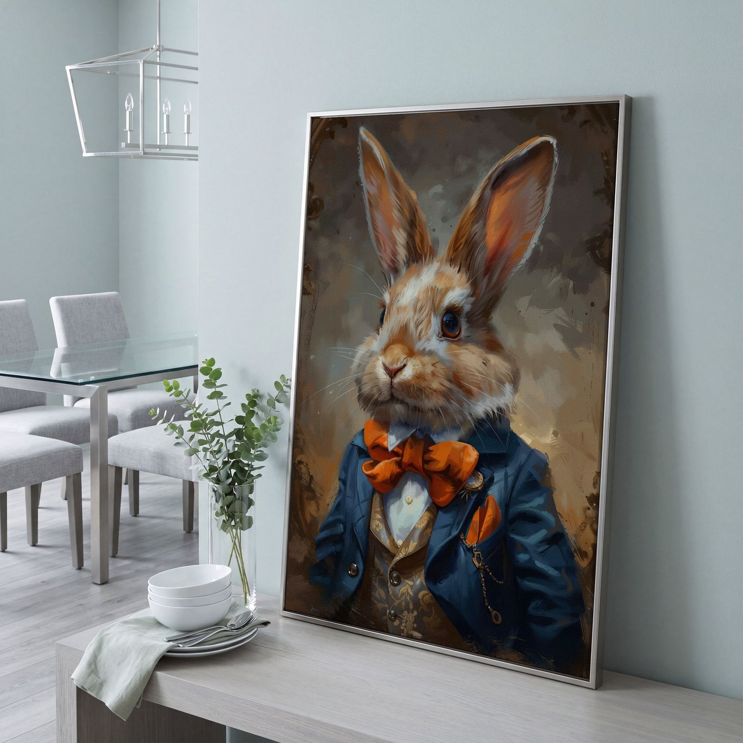 Elegant Bunny Portrait Canvas in silver floating frame