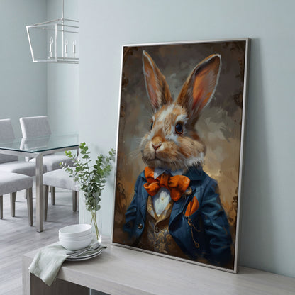 Elegant Bunny Portrait Canvas in silver floating frame