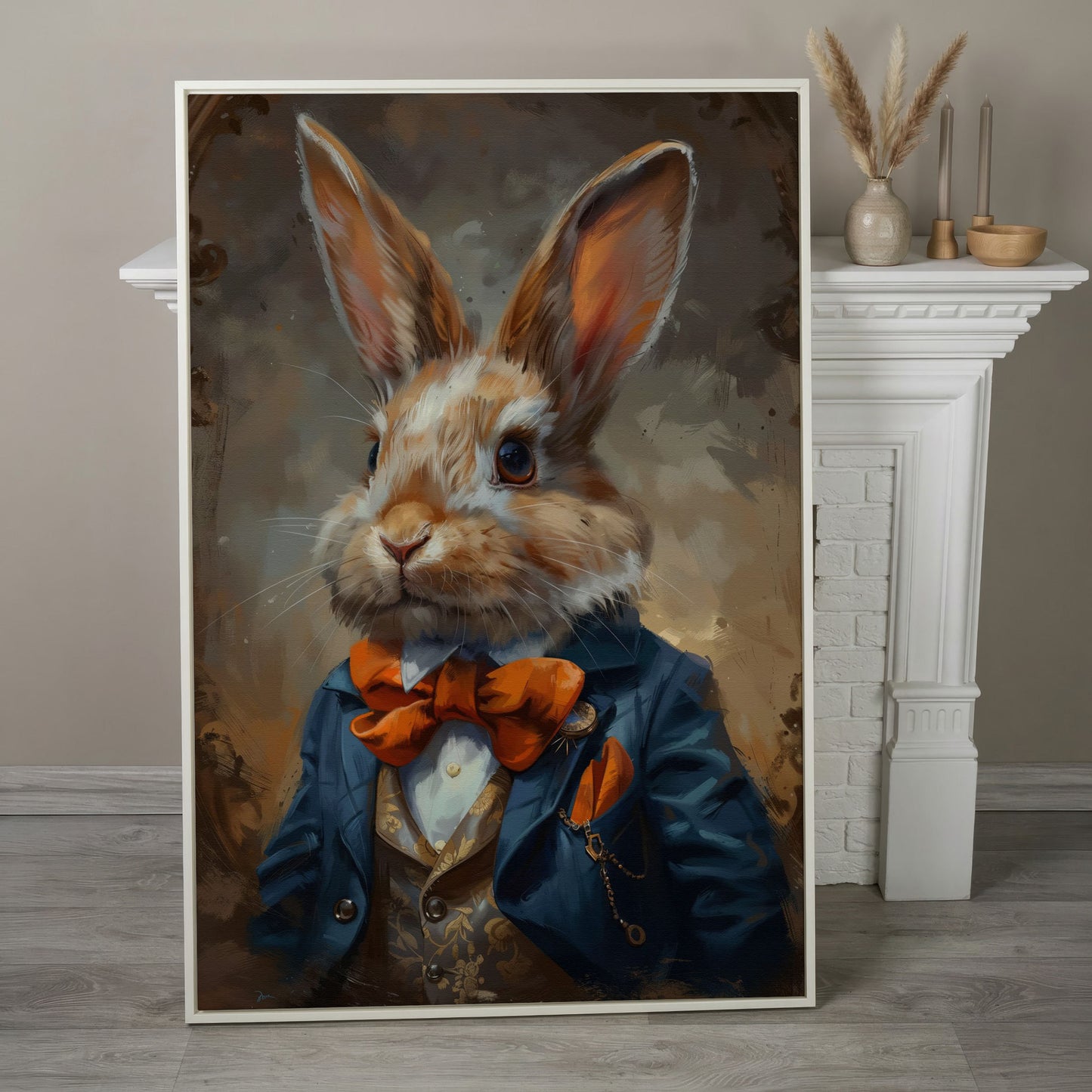 Elegant Bunny Portrait Canvas in white floating frame