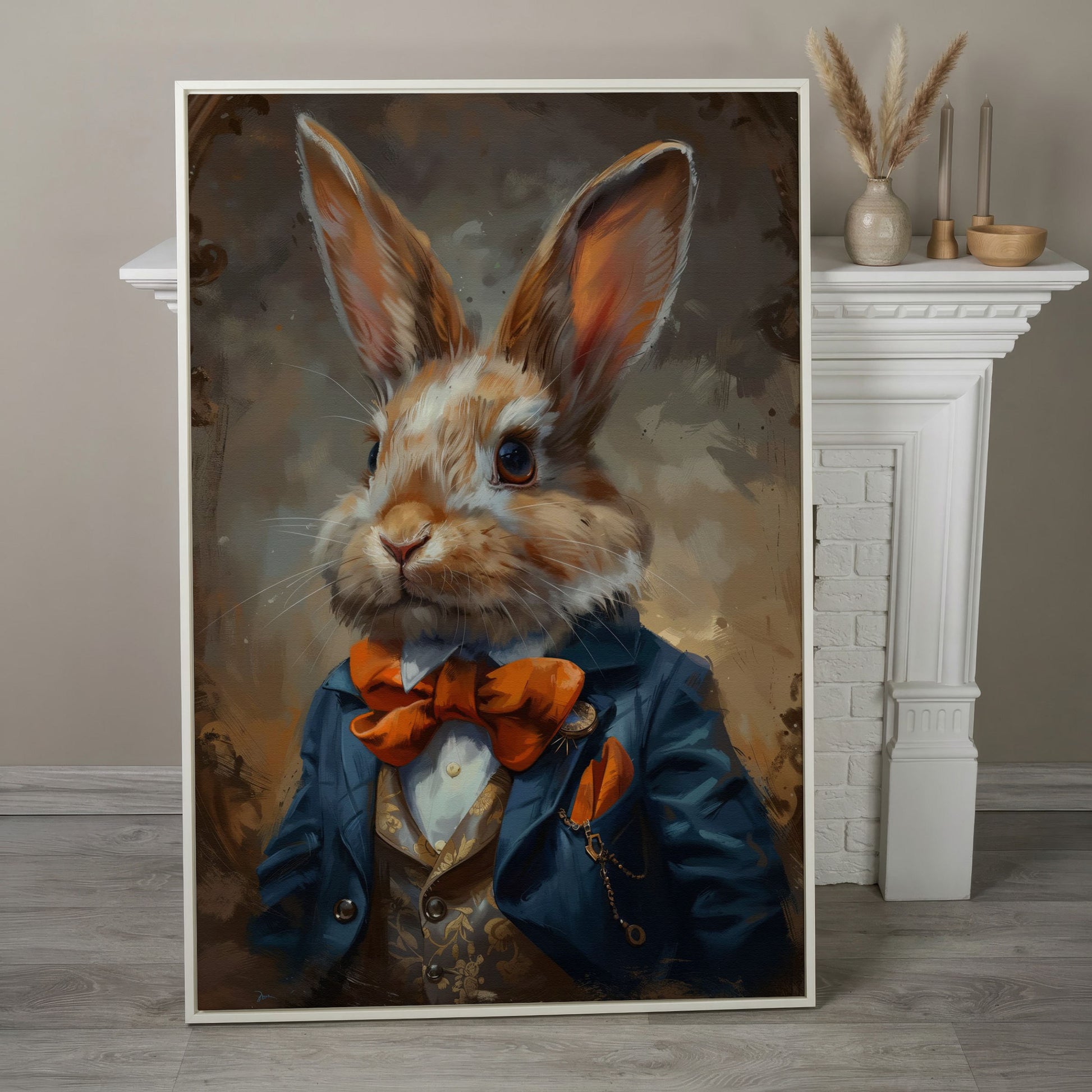 Elegant Bunny Portrait Canvas in white floating frame