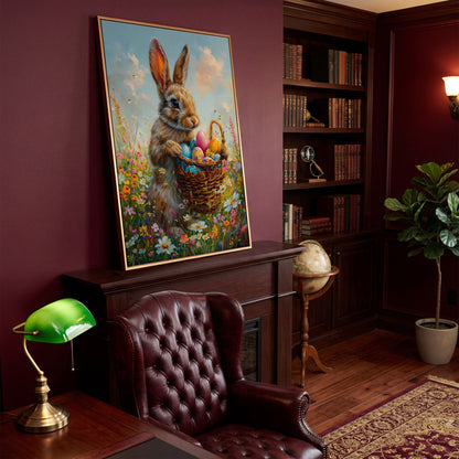 Bunny in Spring Meadow Canvas in antique gold floating frame