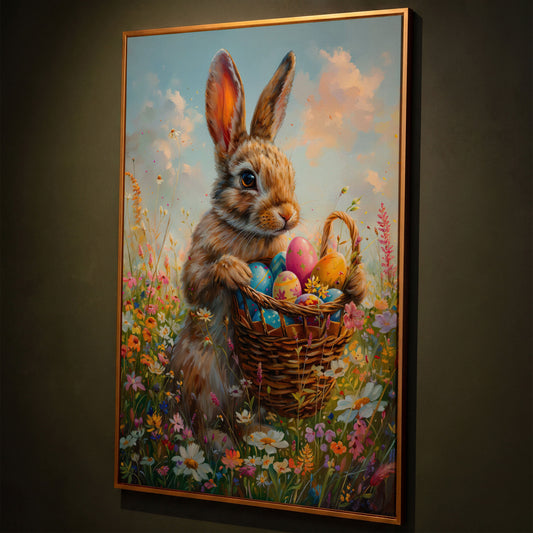 Bunny in Spring Meadow Canvas shown in antique gold floating frame