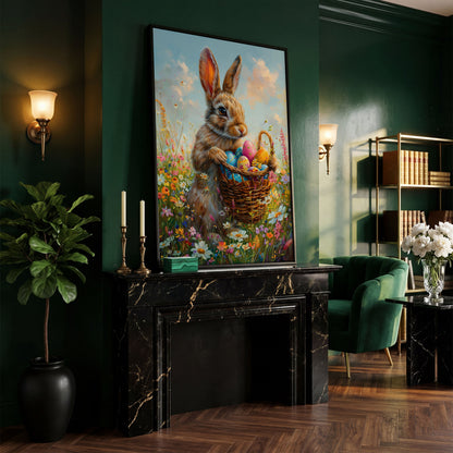 Bunny in Spring Meadow Canvas in black floating frame