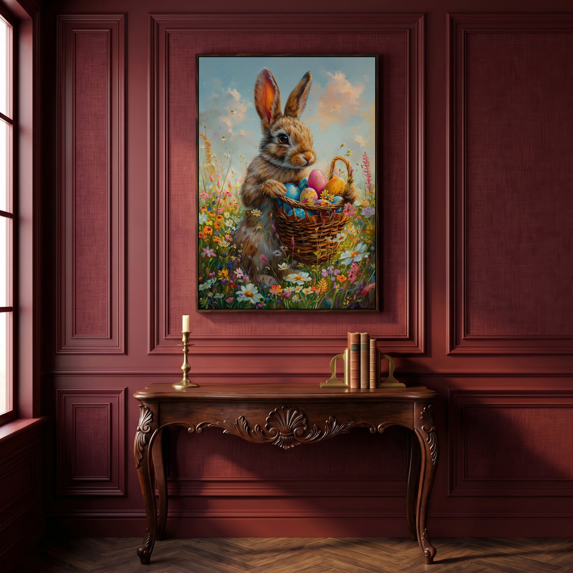 Bunny in Spring Meadow Canvas in dark walnut floating frame