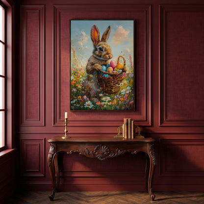 Bunny in Spring Meadow Canvas in dark walnut floating frame