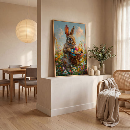 Bunny in Spring Meadow Canvas in white oak floating frame
