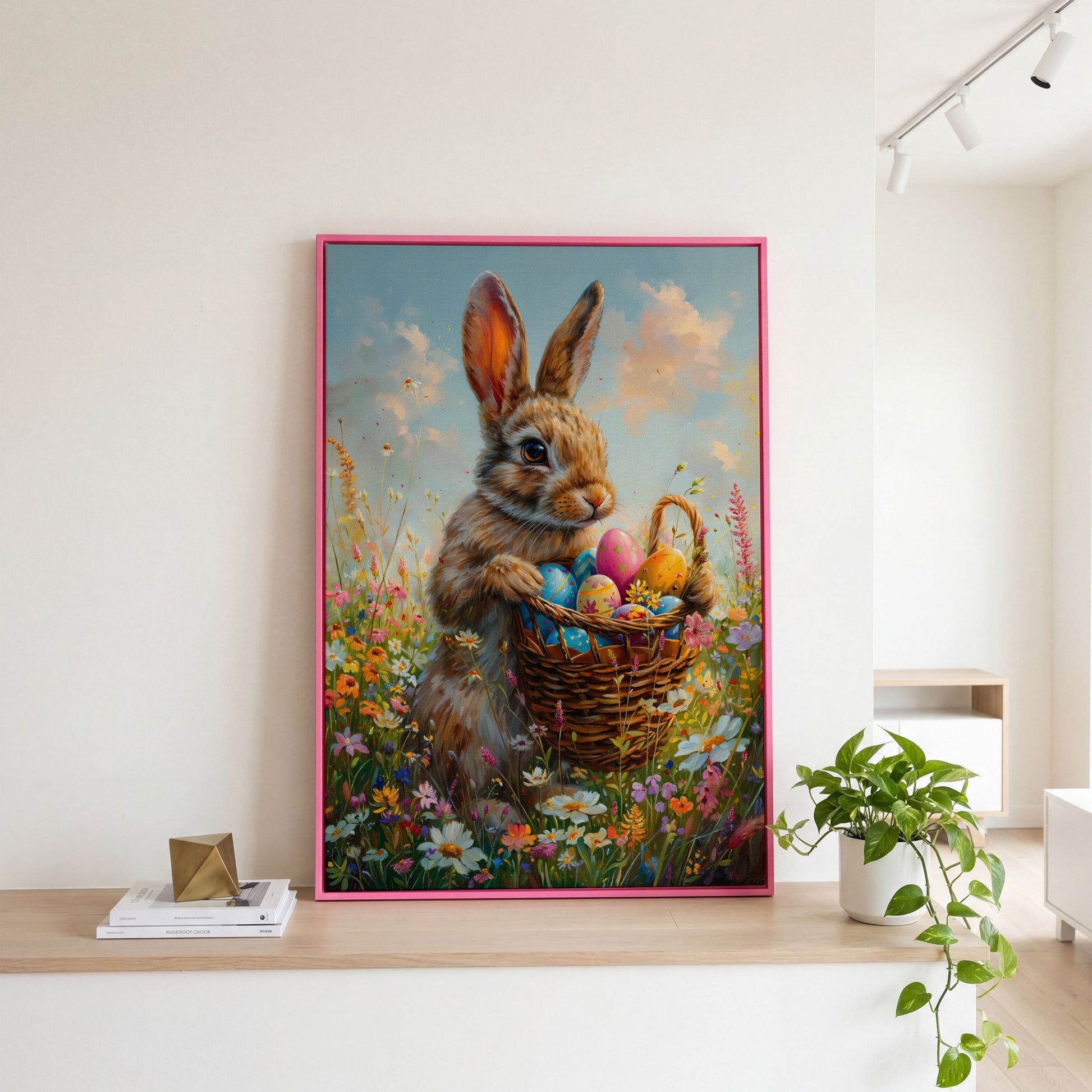 Bunny in Spring Meadow Canvas in pink floating frame