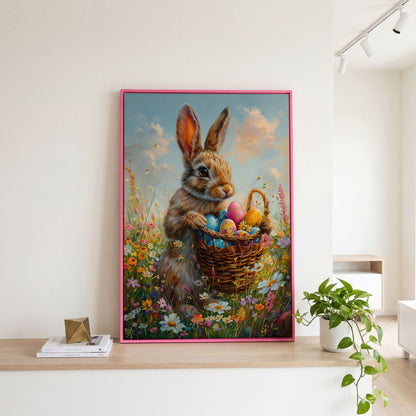Bunny in Spring Meadow Canvas in pink floating frame