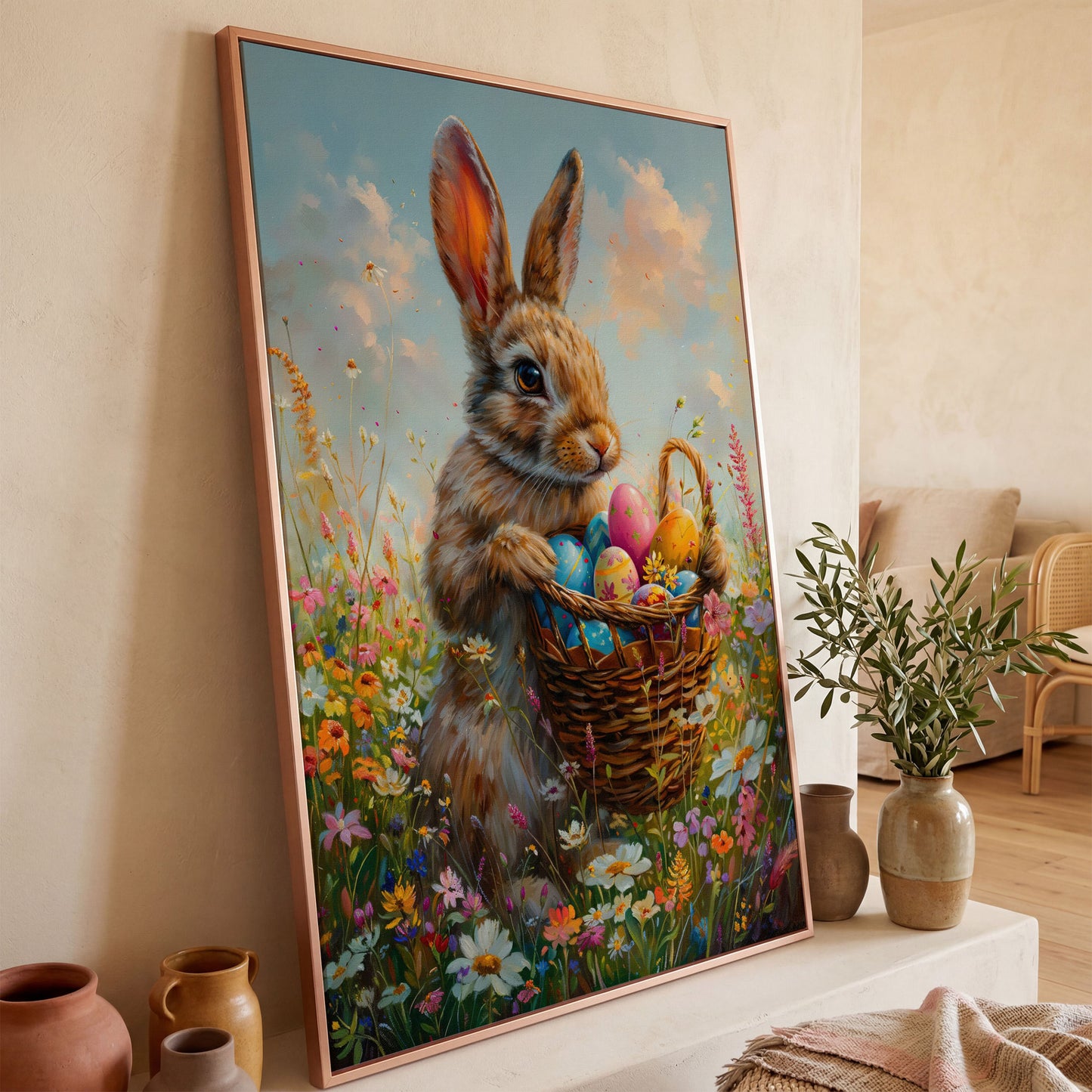Bunny in Spring Meadow Canvas in rose gold floating frame