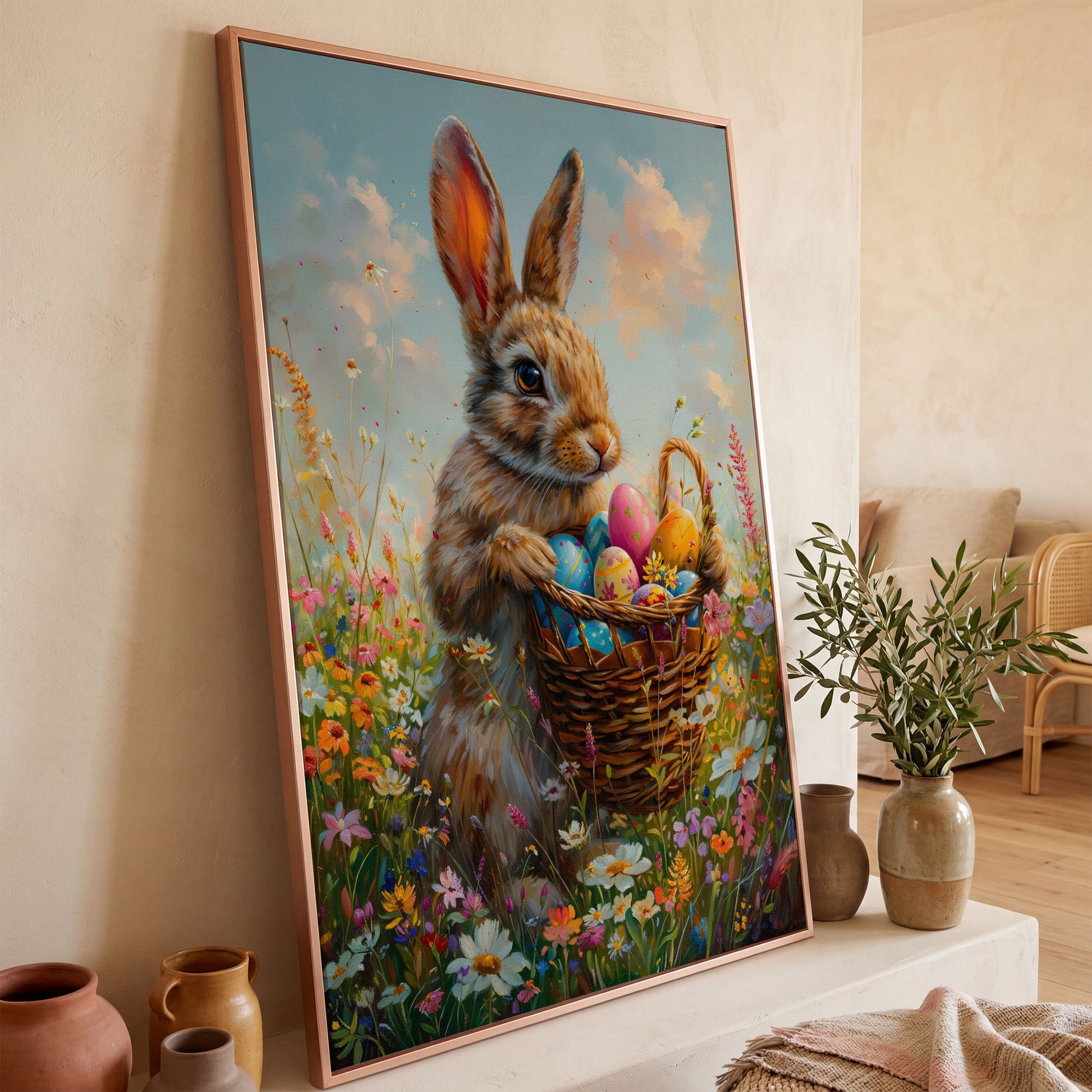 Bunny in Spring Meadow Canvas in rose gold floating frame