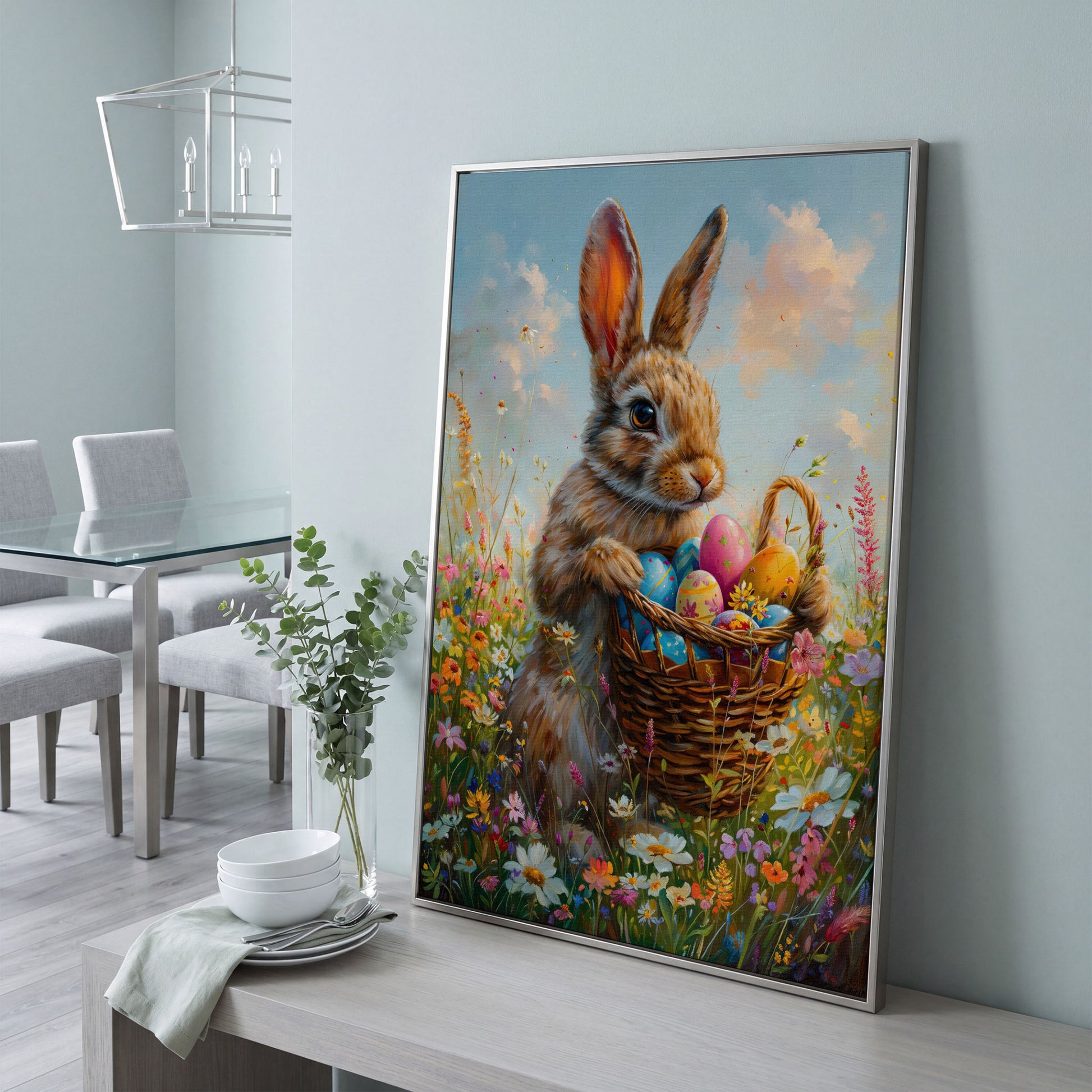 Bunny in Spring Meadow Canvas in silver floating frame