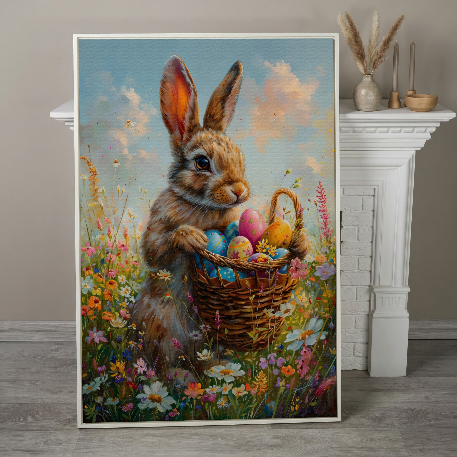 Bunny in Spring Meadow Canvas in white floating frame