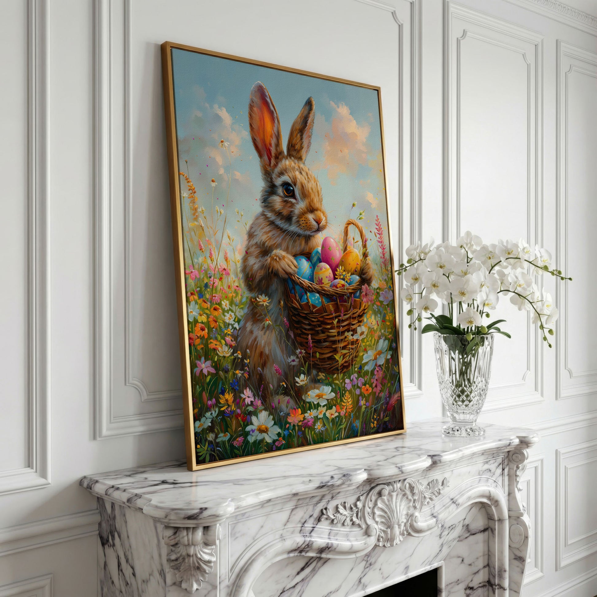 Bunny in Spring Meadow Canvas in yellow gold floating frame