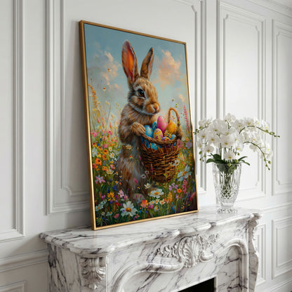 Bunny in Spring Meadow Canvas in yellow gold floating frame