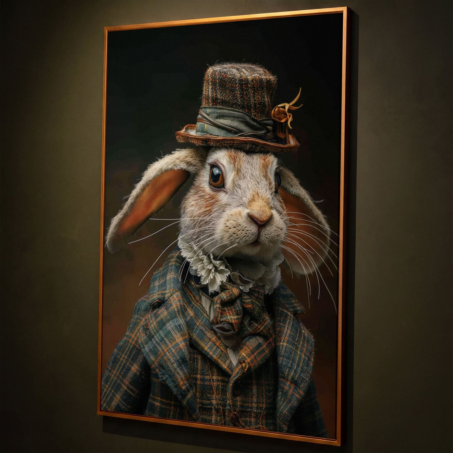 Elegant Bunny in Fancy Clothing Canvas shown in antique gold floating frame