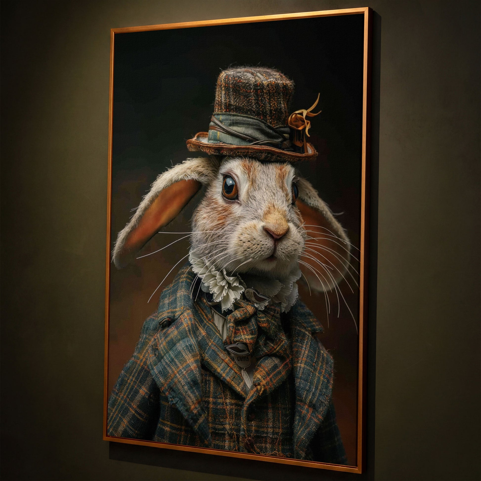 Elegant Bunny in Fancy Clothing Canvas shown in antique gold floating frame