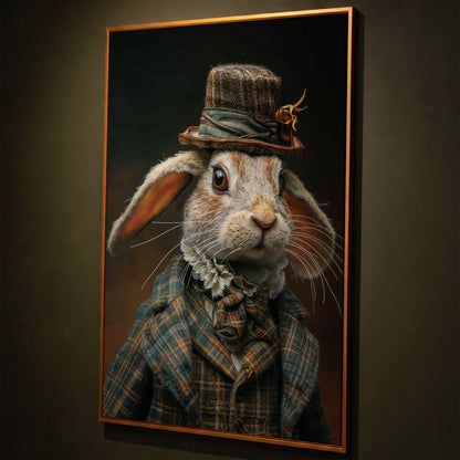 Elegant Bunny in Fancy Clothing Canvas shown in antique gold floating frame