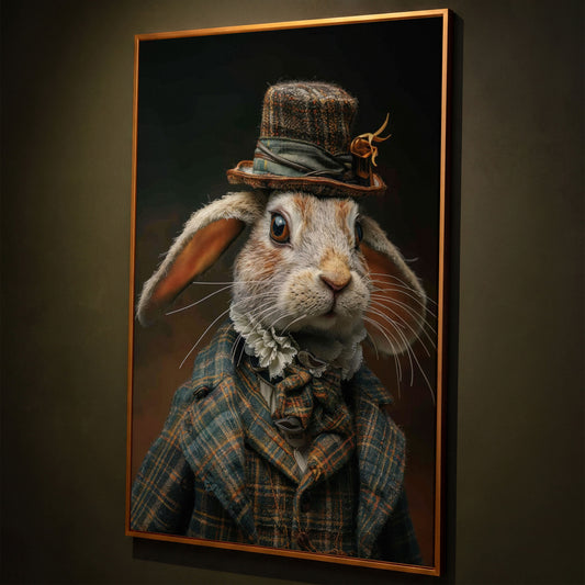 Elegant Bunny in Fancy Clothing Canvas shown in antique gold floating frame