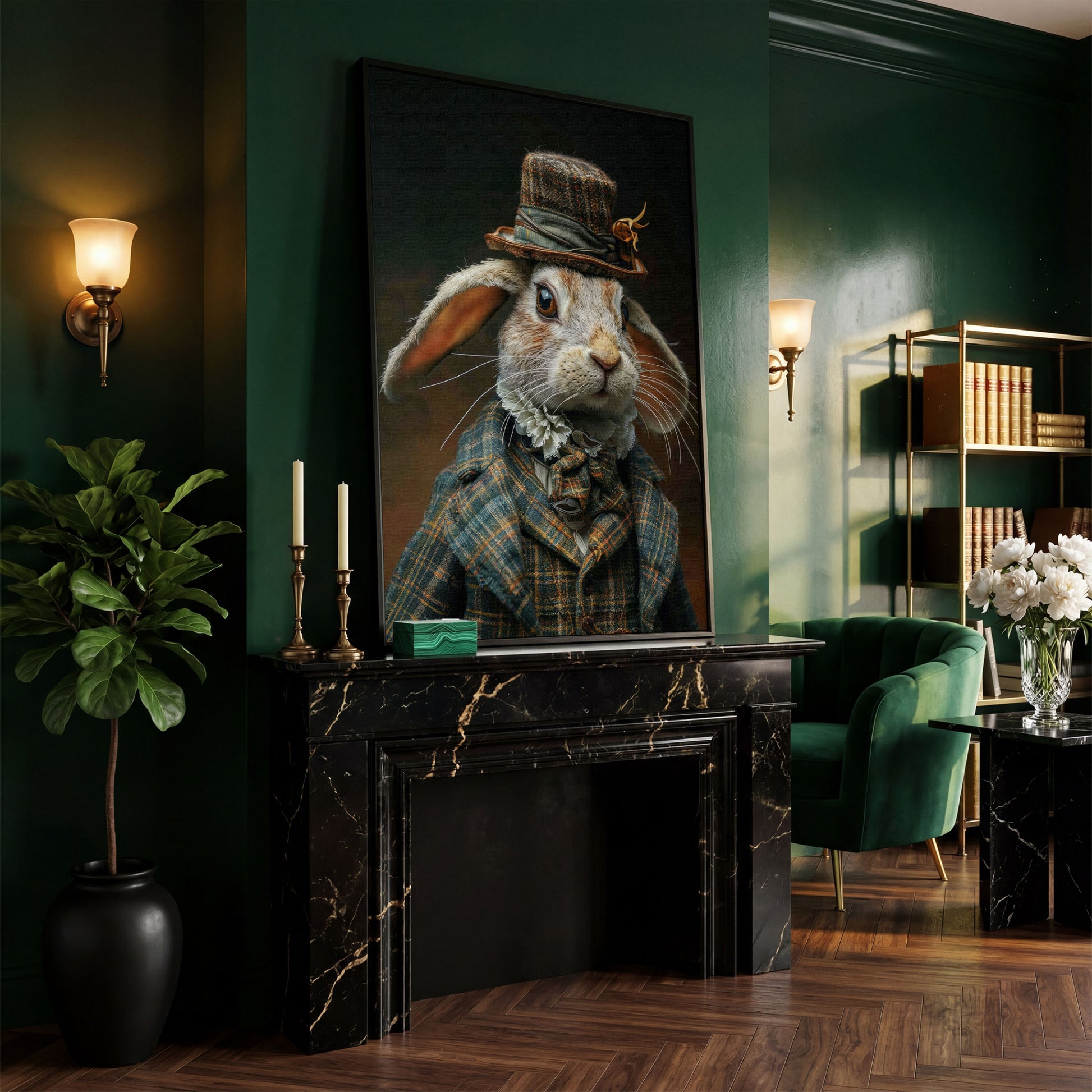 Elegant Bunny in Fancy Clothing Canvas in black floating frame