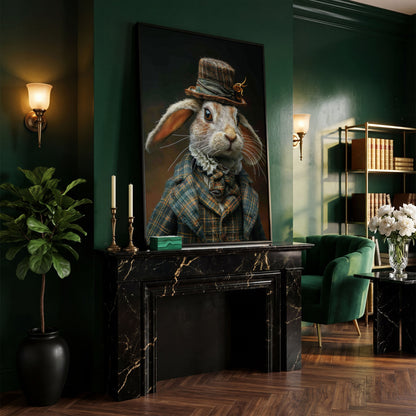Elegant Bunny in Fancy Clothing Canvas in black floating frame