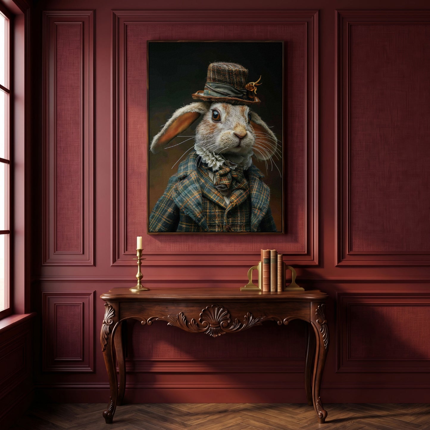 Elegant Bunny in Fancy Clothing Canvas in dark walnut floating frame