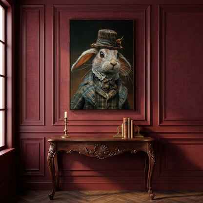 Elegant Bunny in Fancy Clothing Canvas in dark walnut floating frame