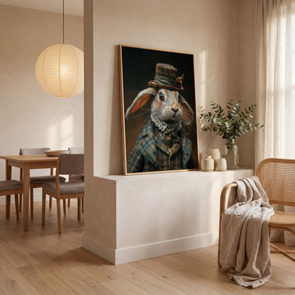 Elegant Bunny in Fancy Clothing Canvas in white oak floating frame