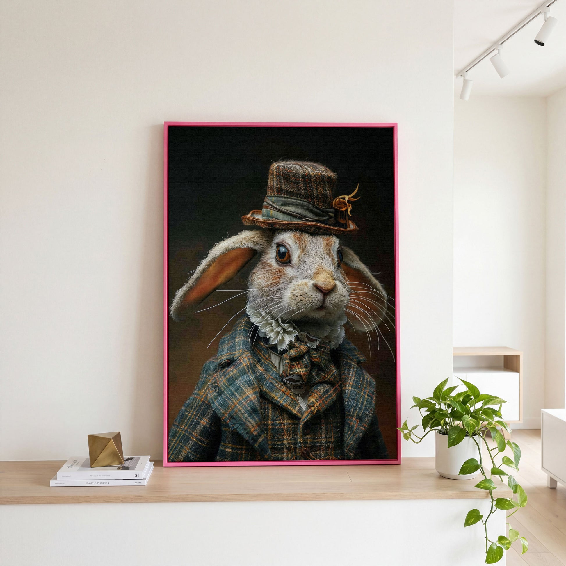 Elegant Bunny in Fancy Clothing Canvas in pink floating frame