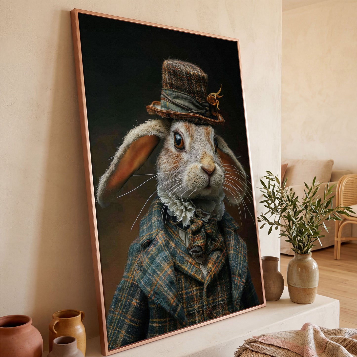 Elegant Bunny in Fancy Clothing Canvas in rose gold floating frame