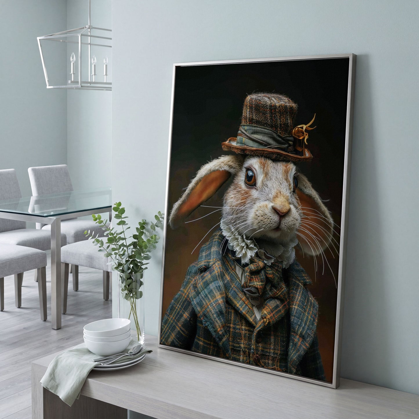 Elegant Bunny in Fancy Clothing Canvas in silver floating frame