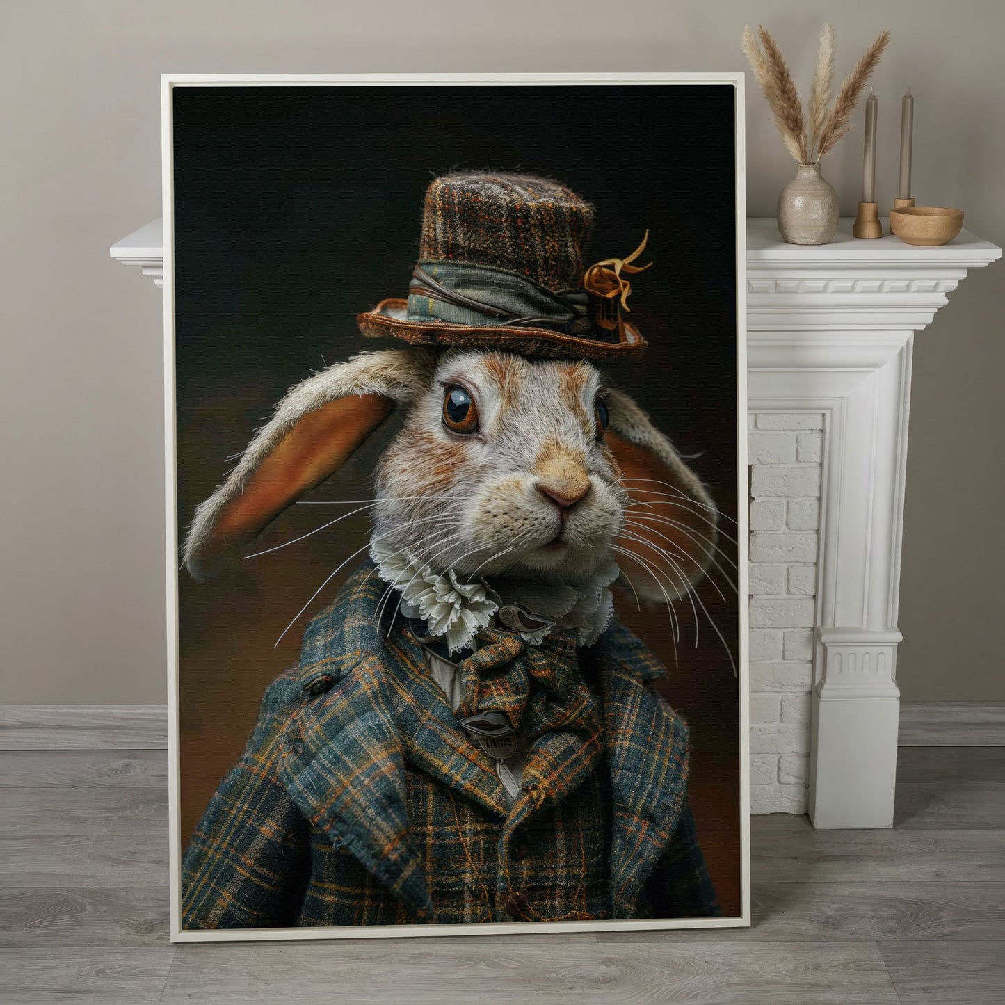 Elegant Bunny in Fancy Clothing Canvas in white floating frame