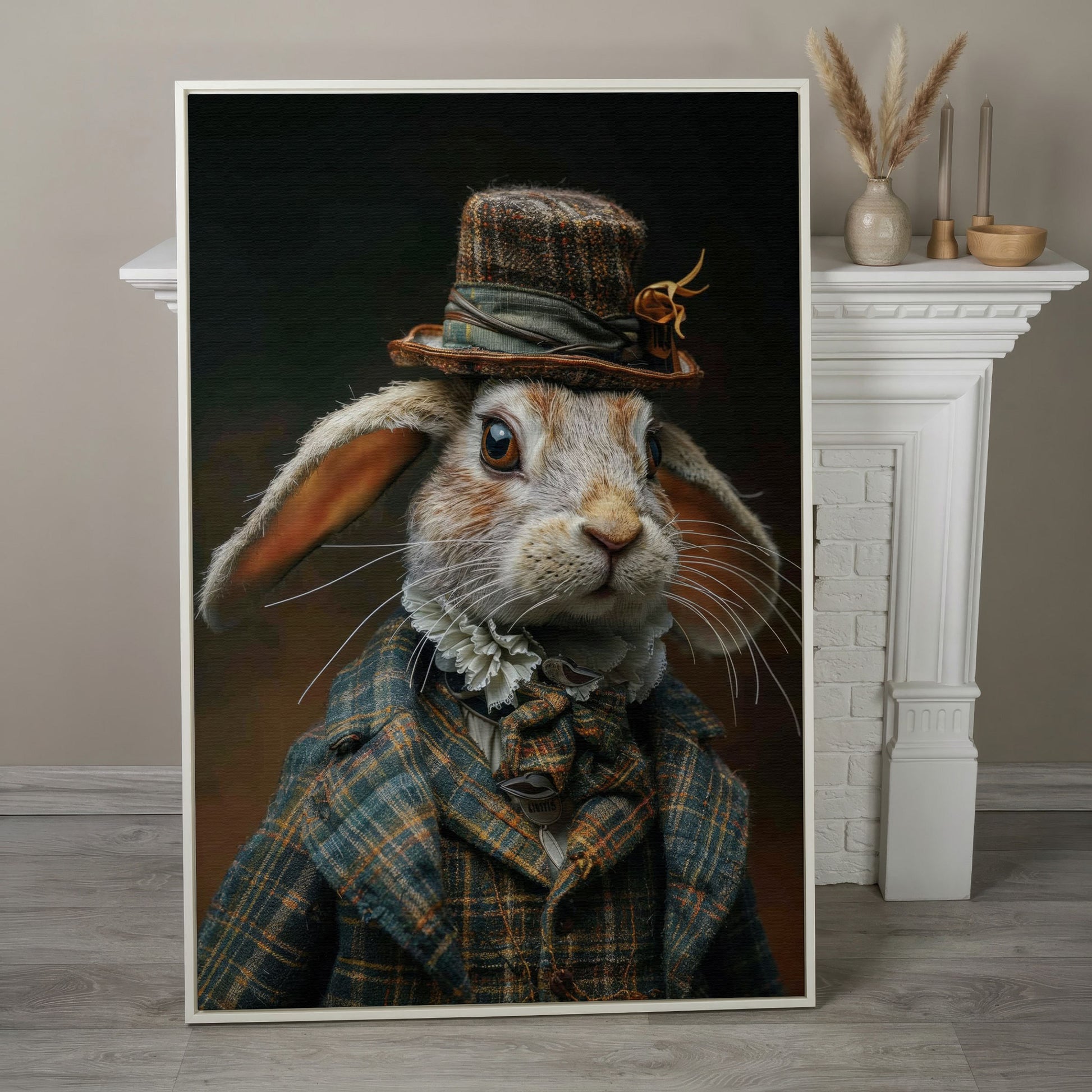 Elegant Bunny in Fancy Clothing Canvas in white floating frame